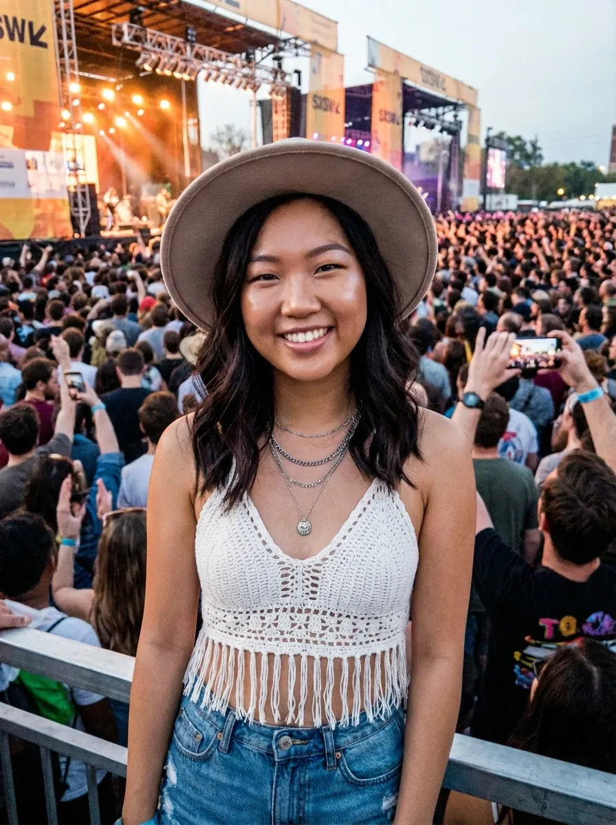 Original selfie input — woman in a hat and white top at an outdoor event
